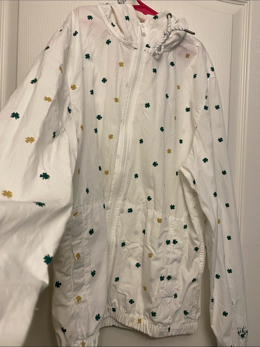 White Hooded Lightweight Jacket with Green & Gold Clover Print perfect
